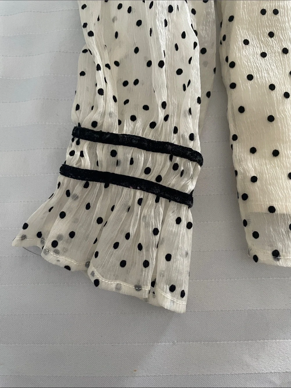 LOFT Ivory Ruffle Neck Black Polka Dot Blouse